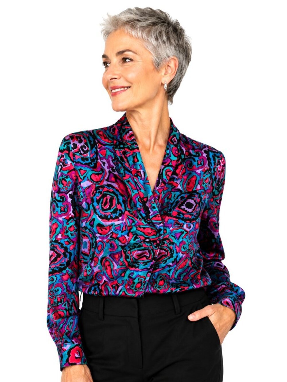 Vintage Flora Kung Blue Purple Magenta Jacquard Silk Blouse